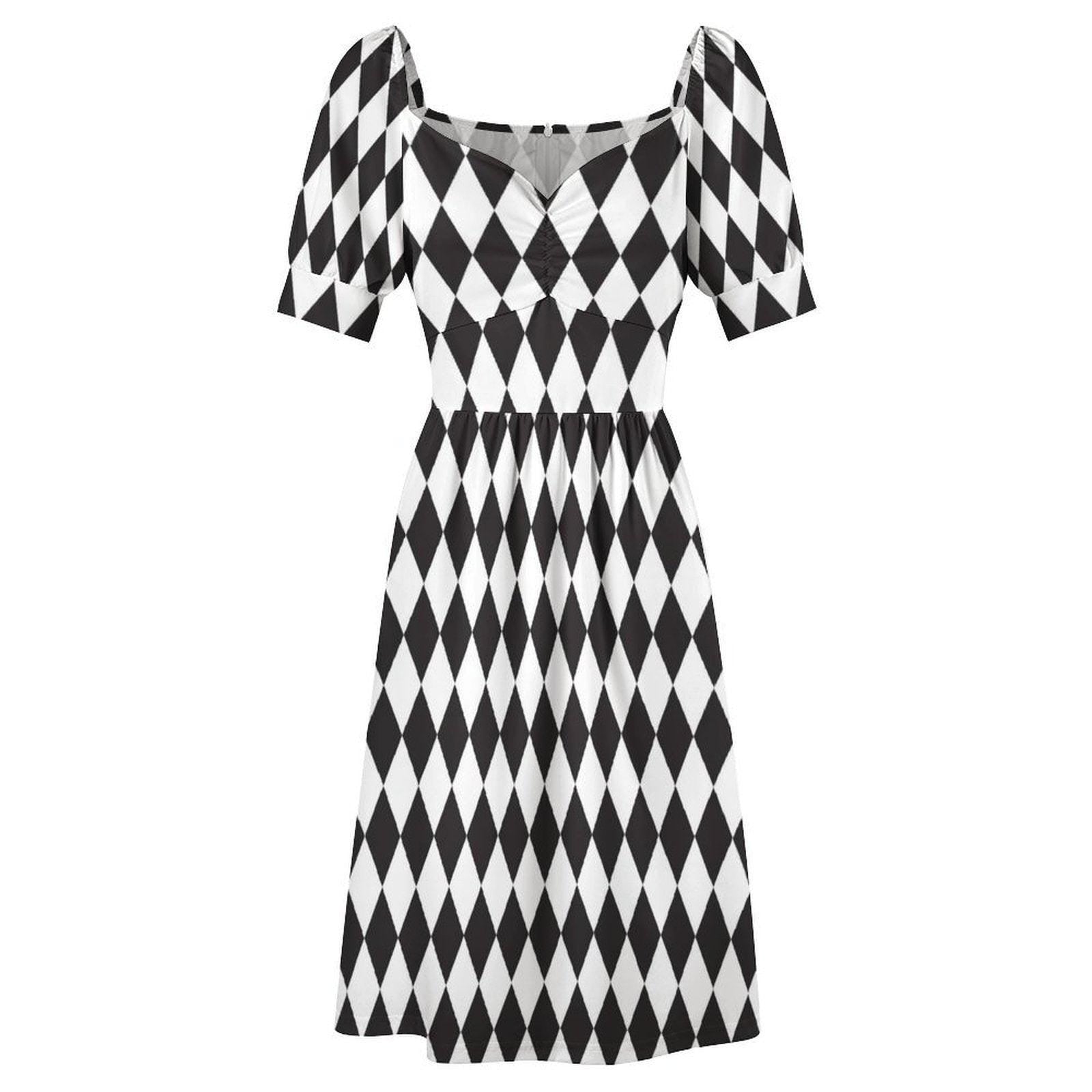 Gothic Alice Harlequin Mini Dress, Checkered Puff Sleeve Costume, Fairy Tale Halloween Outfit