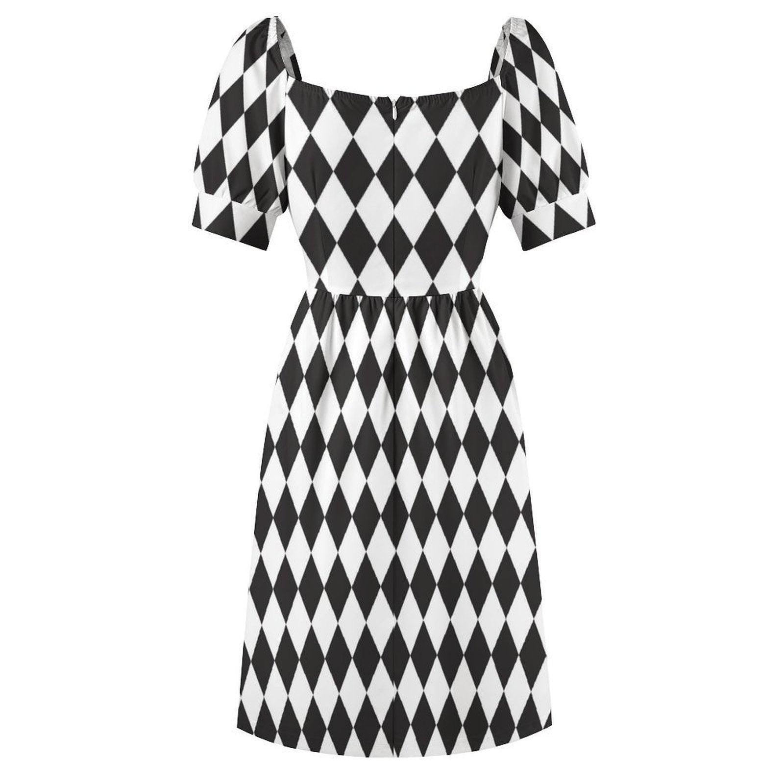 Gothic Alice Harlequin Mini Dress, Checkered Puff Sleeve Costume, Fairy Tale Halloween Outfit