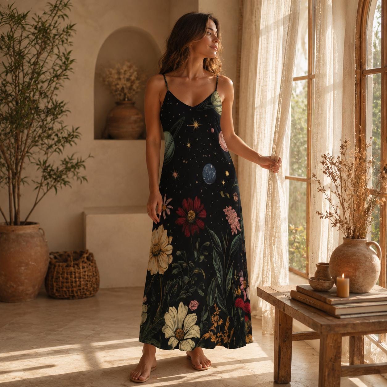 Celestial Floral Maxi Dress, Starry Night Cami Dress, Boho Galaxy Sundress for Women