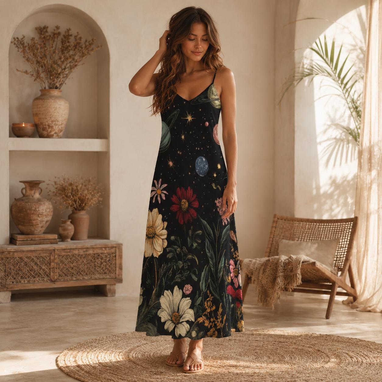 Celestial Floral Maxi Dress, Starry Night Cami Dress, Boho Galaxy Sundress for Women