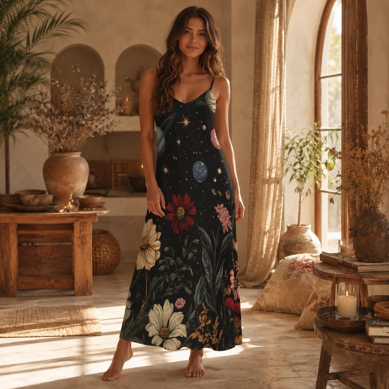 Celestial Floral Maxi Dress, Starry Night Cami Dress, Boho Galaxy Sundress for Women