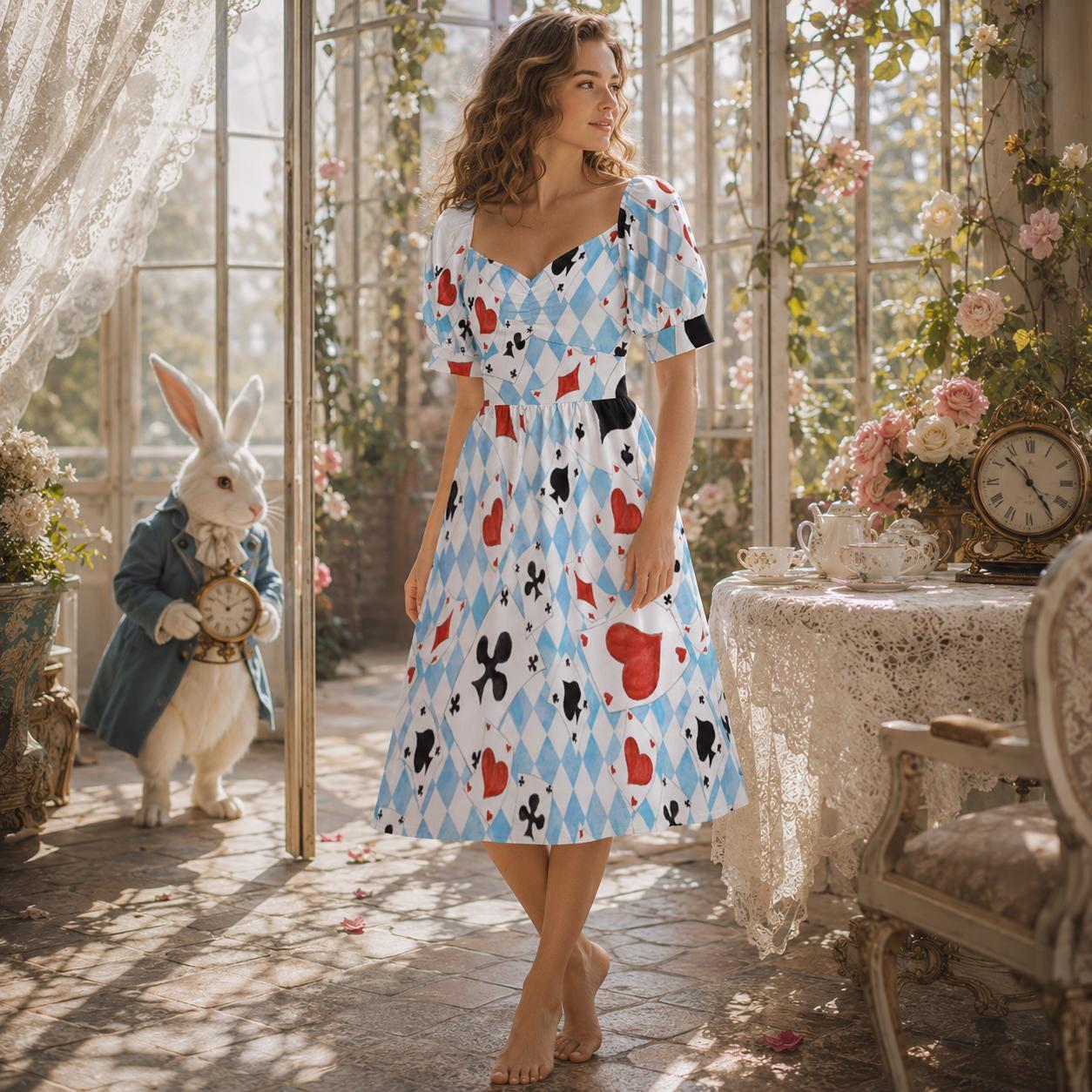 Blue harlequin mini dress, pastel puff sleeve outfit, Alice in Wonderland theme dress, whimsical fantasy party dress, cottagecore aesthetic