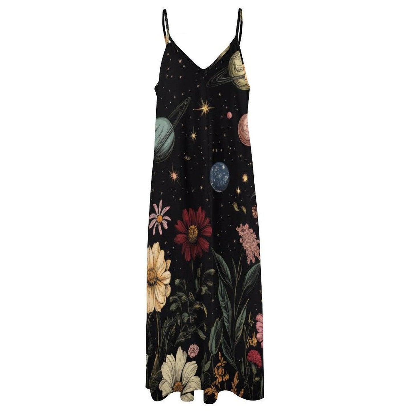 Celestial Floral Maxi Dress, Starry Night Cami Dress, Boho Galaxy Sundress for Women