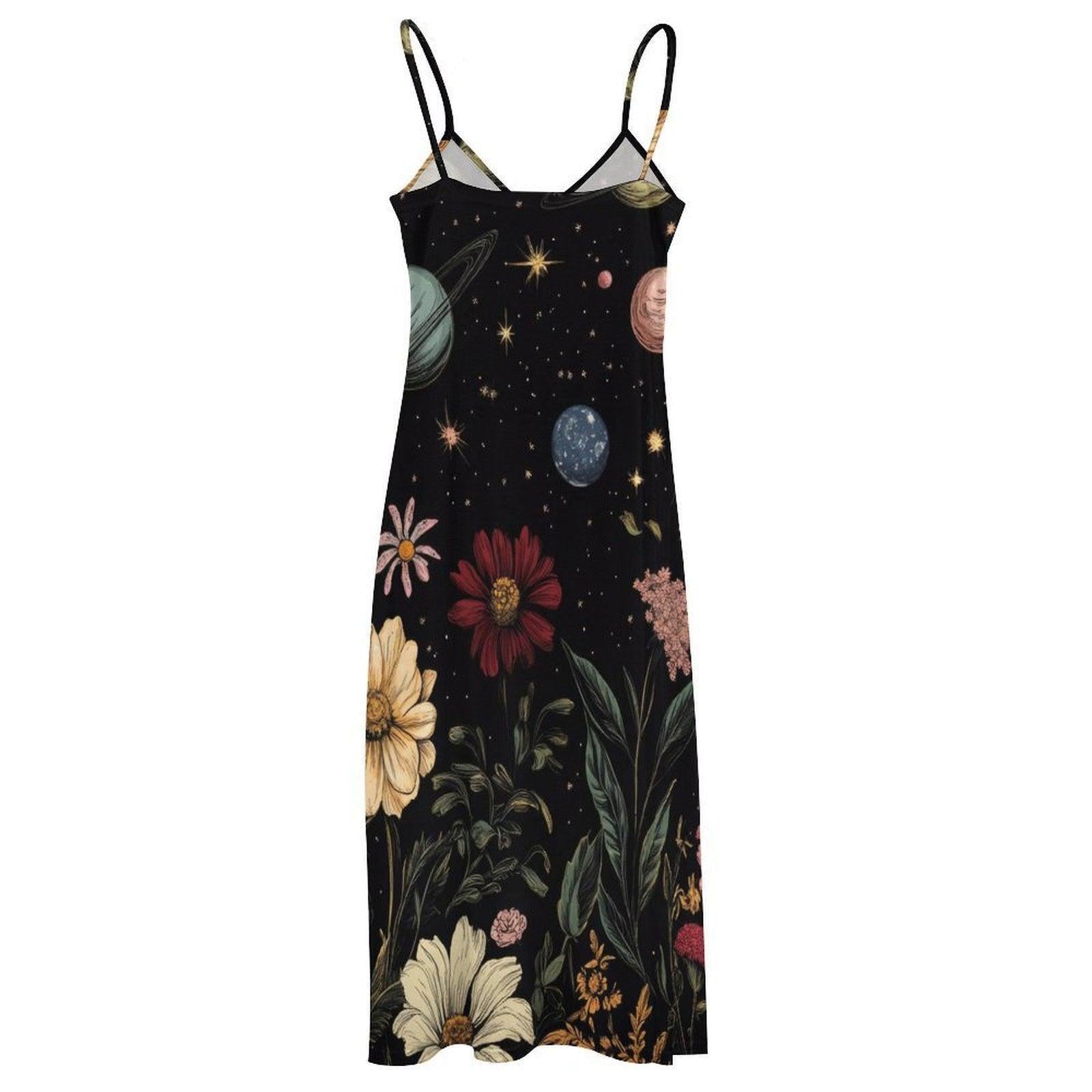 Celestial Floral Maxi Dress, Starry Night Cami Dress, Boho Galaxy Sundress for Women
