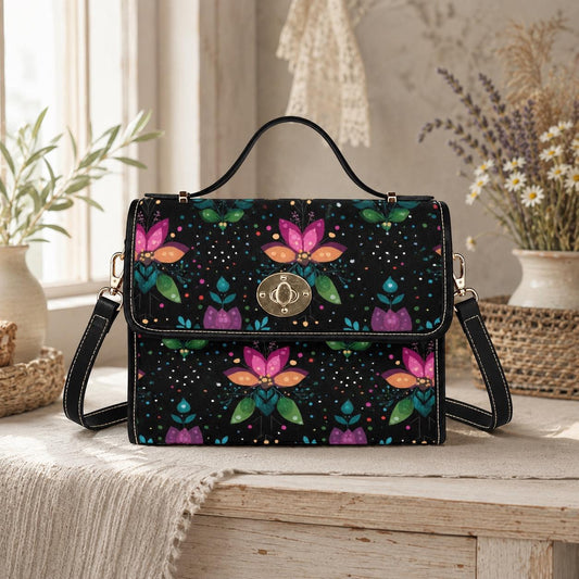 Botanical Crossbody Purse, Black Top Handle Satchel, Colorful Evening Handbag