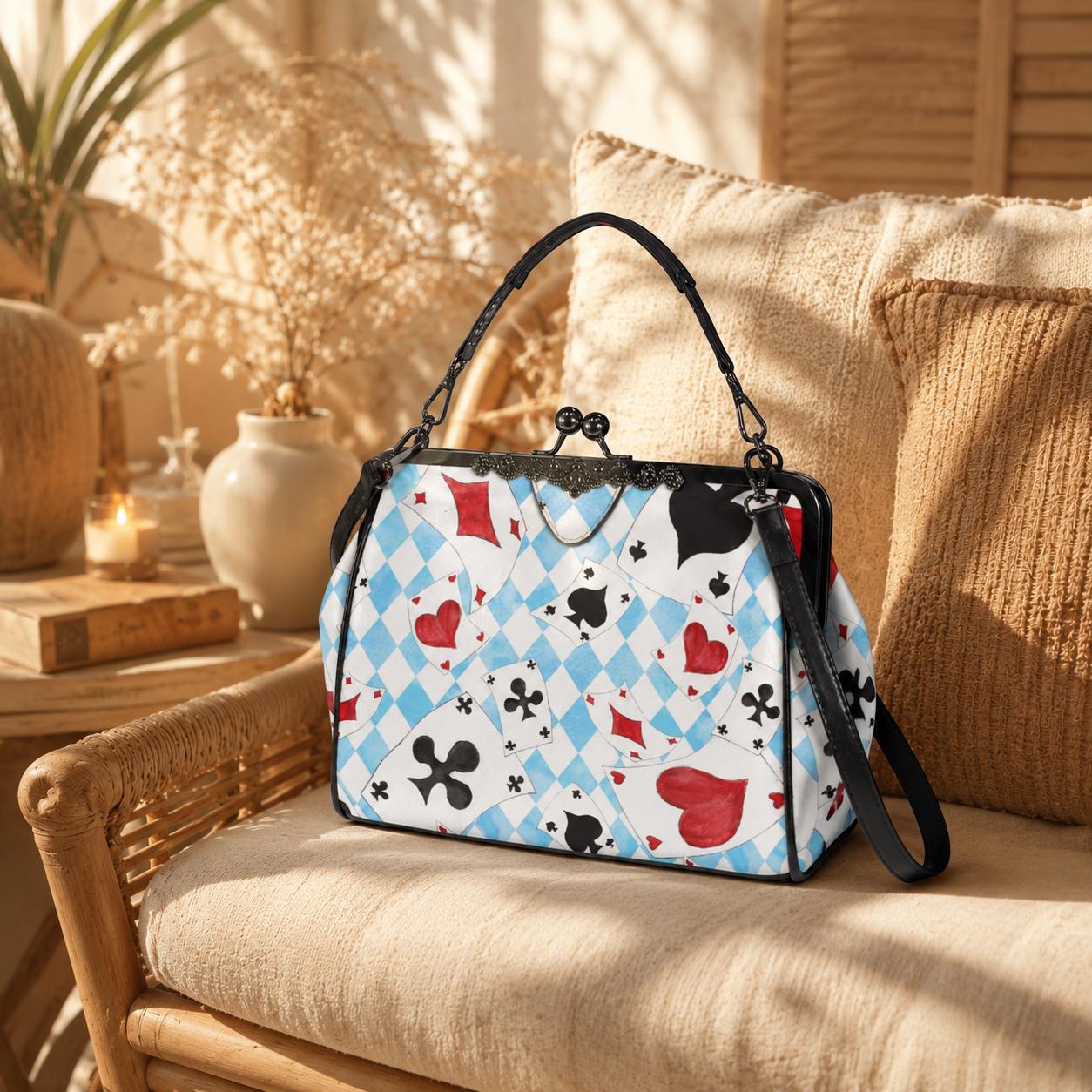 Wonderland Card Suit Kisslock Handbag, Blue Argyle Frame Purse, Tea Party Statement Bag
