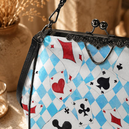 Wonderland Card Suit Kisslock Handbag, Blue Argyle Frame Purse, Tea Party Statement Bag