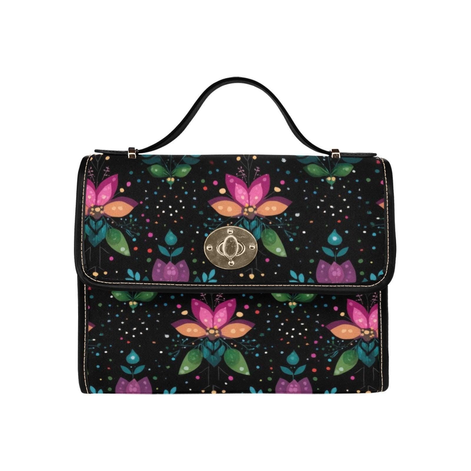 Botanical Crossbody Purse, Black Top Handle Satchel, Colorful Evening Handbag