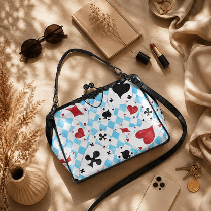 Wonderland Card Suit Kisslock Handbag, Blue Argyle Frame Purse, Tea Party Statement Bag