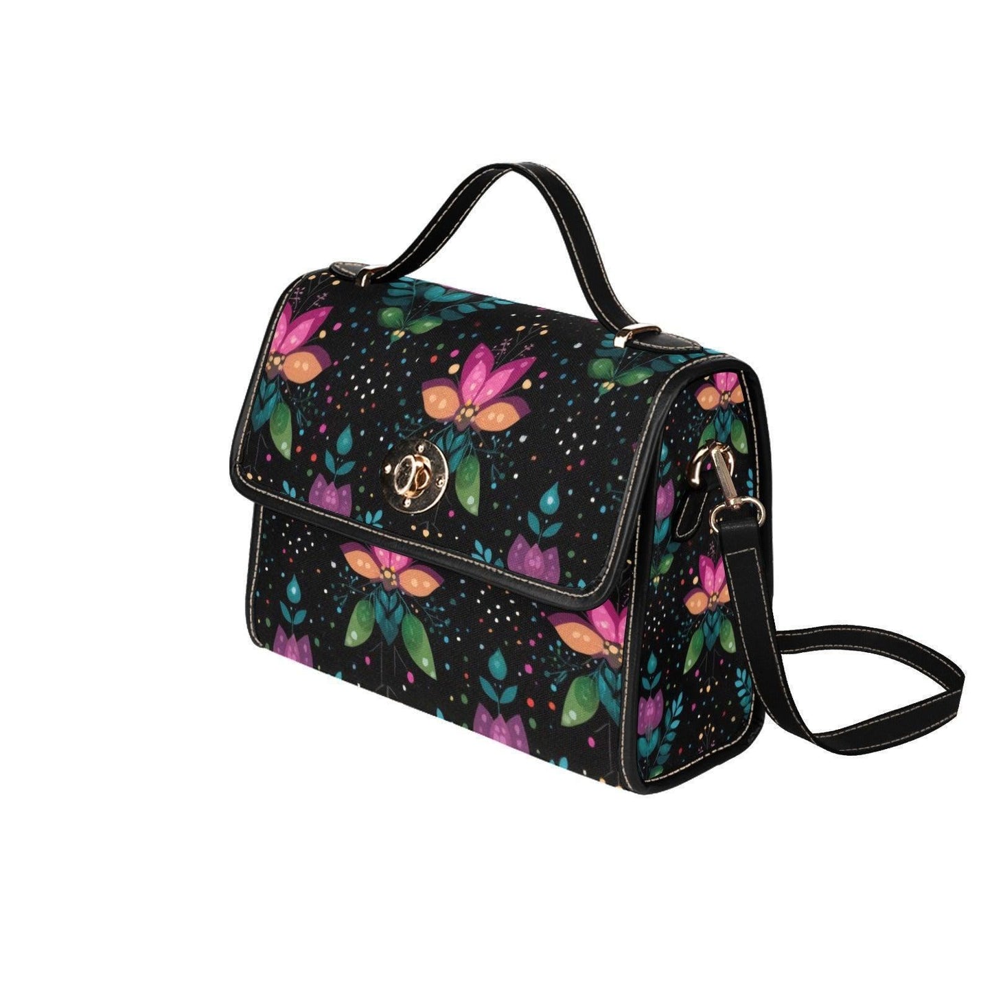 Botanical Crossbody Purse, Black Top Handle Satchel, Colorful Evening Handbag