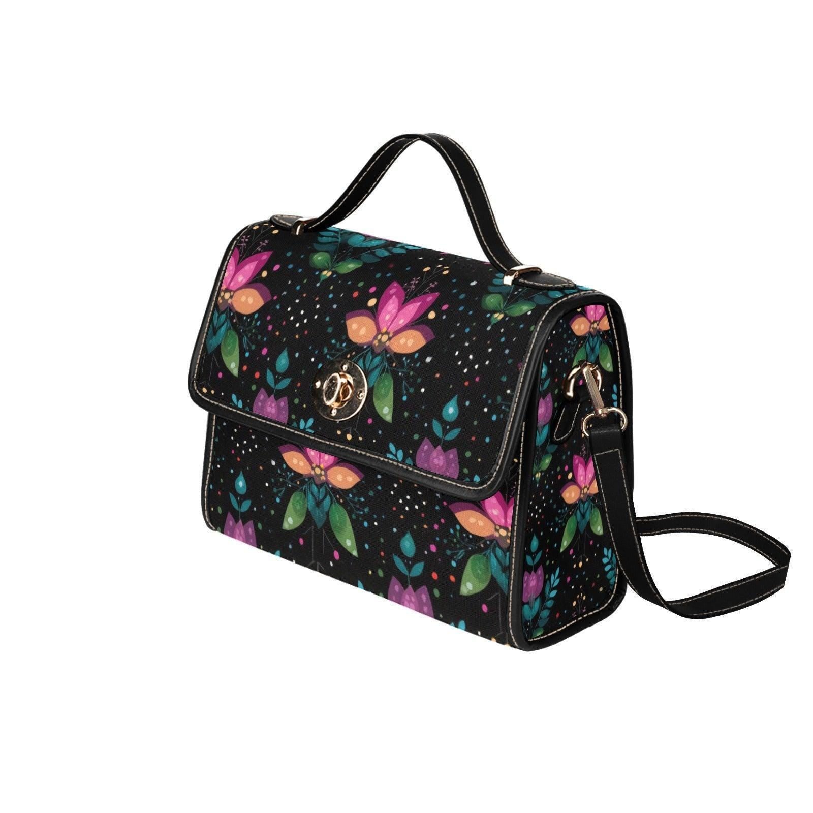 Botanical Crossbody Purse, Black Top Handle Satchel, Colorful Evening Handbag