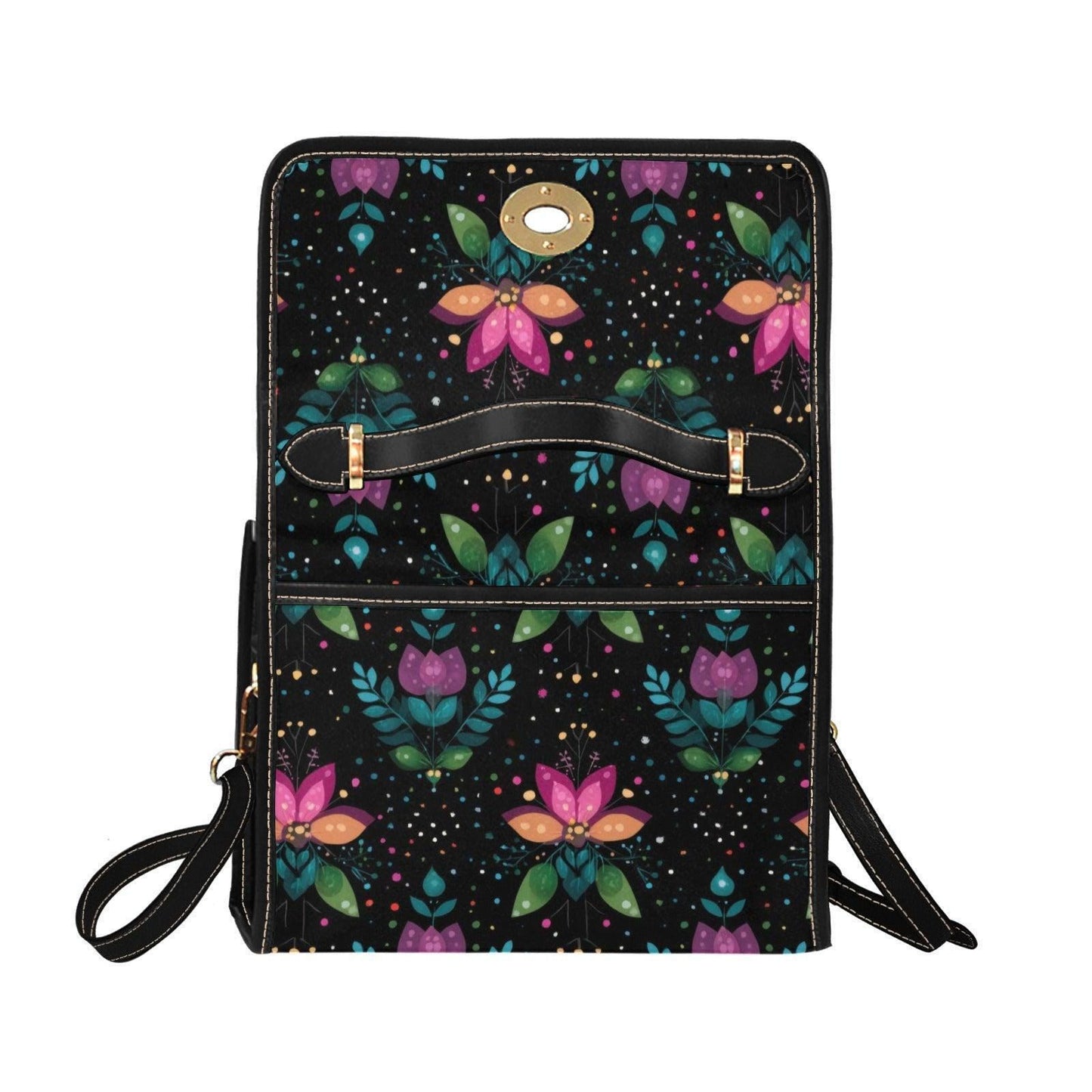 Botanical Crossbody Purse, Black Top Handle Satchel, Colorful Evening Handbag