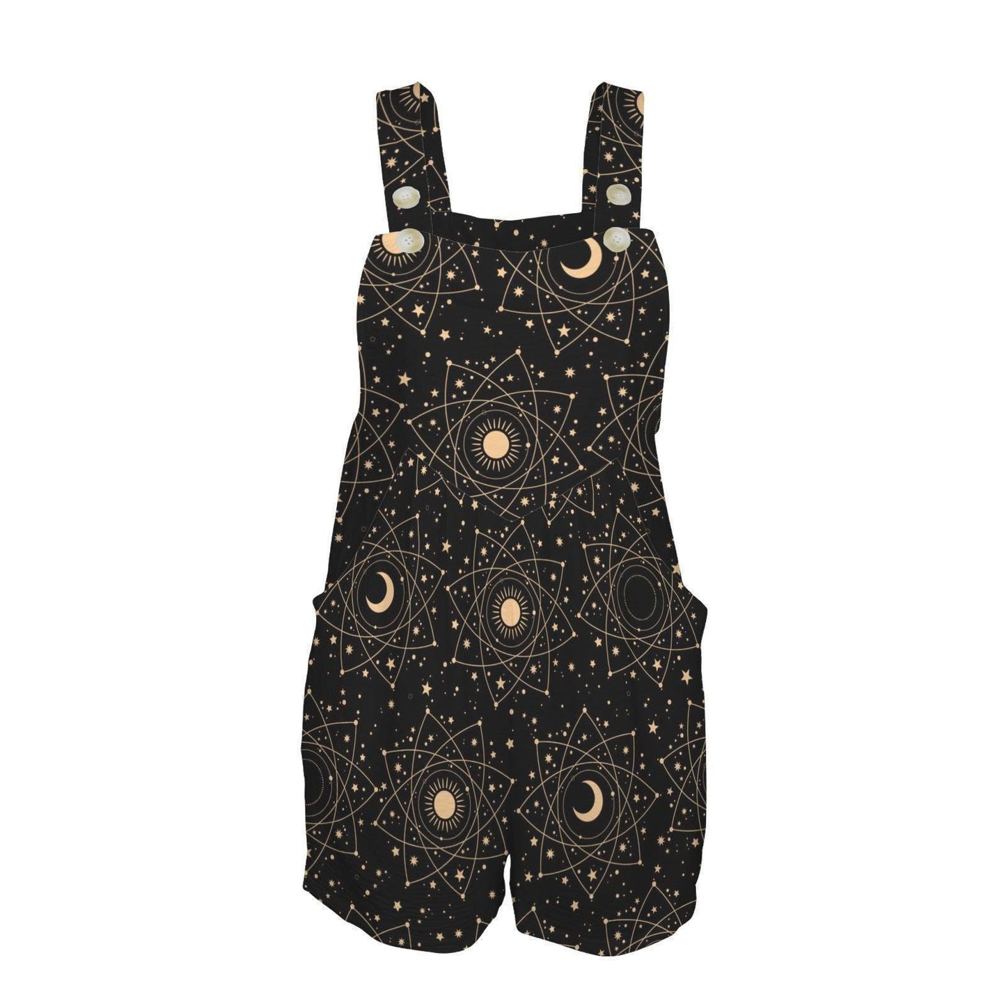 Celestial Overall Romper, Moon Star Shortalls with Pockets, Black Astrology Festival Playsuit