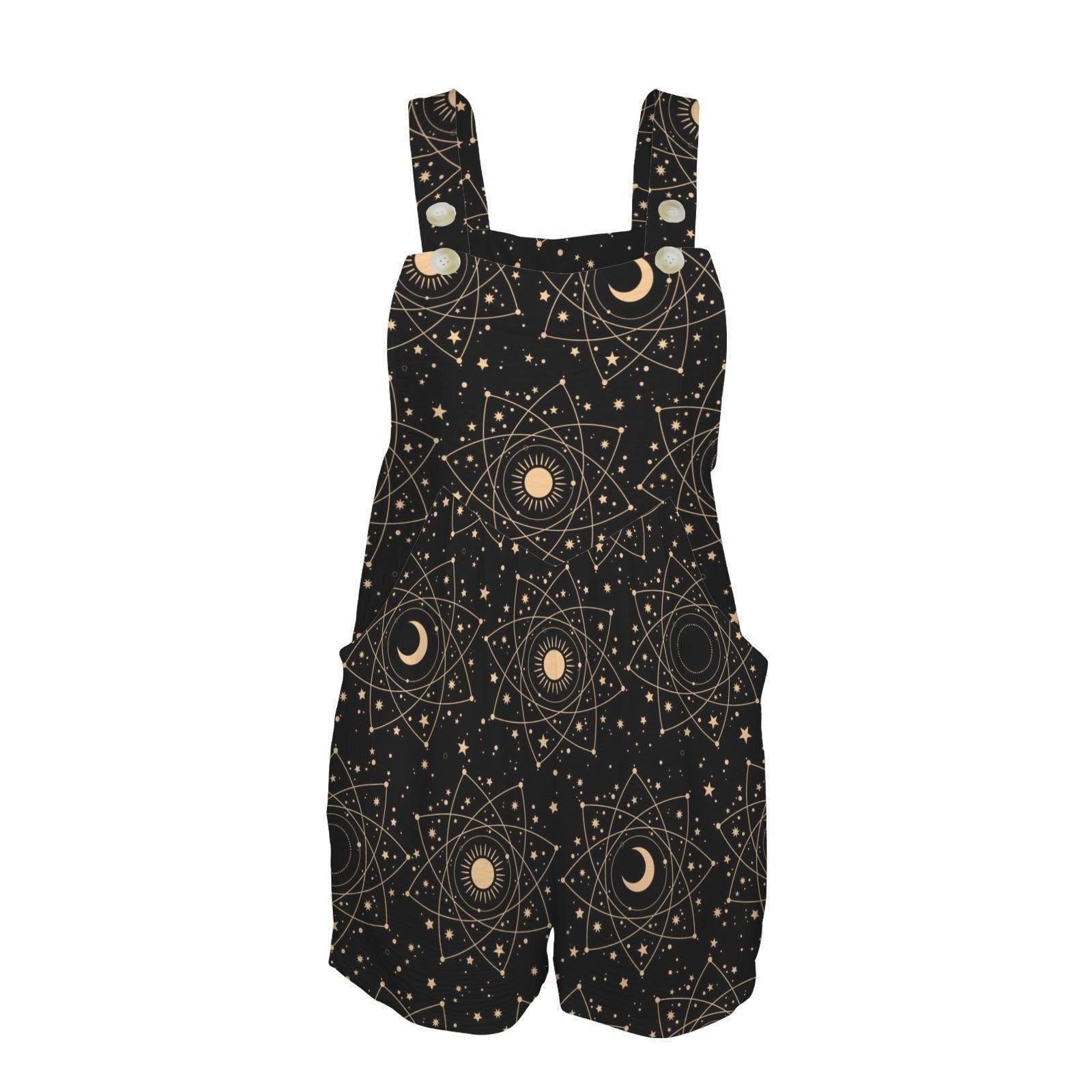 Celestial Overall Romper, Moon Star Shortalls with Pockets, Black Astrology Festival Playsuit