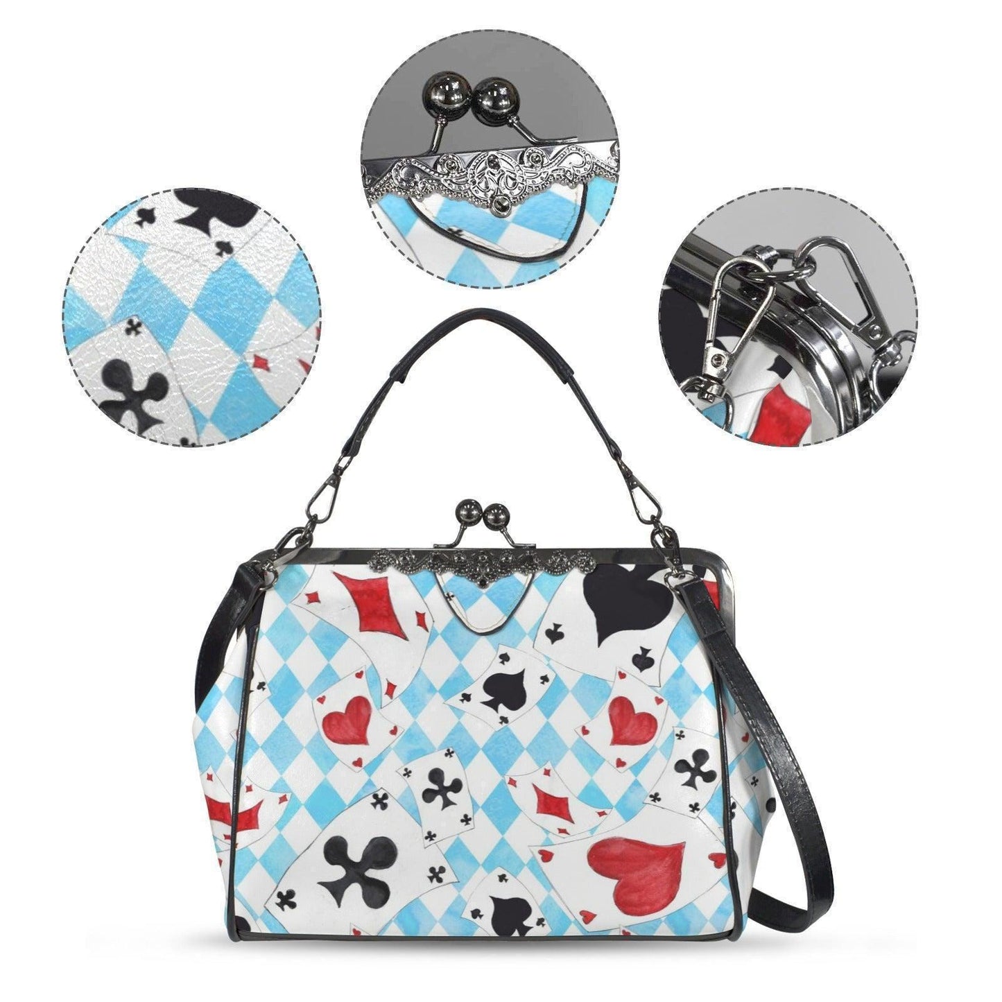 Wonderland Card Suit Kisslock Handbag, Blue Argyle Frame Purse, Tea Party Statement Bag
