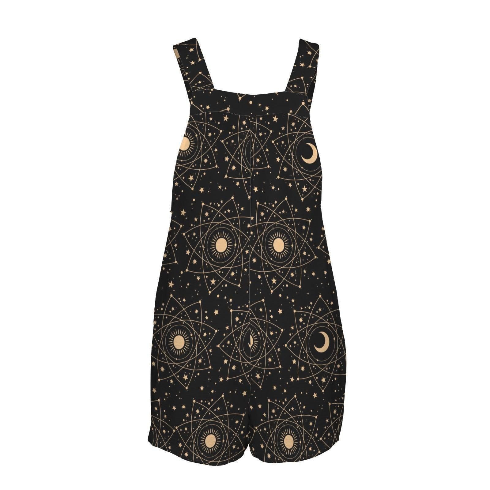 Celestial Overall Romper, Moon Star Shortalls with Pockets, Black Astrology Festival Playsuit