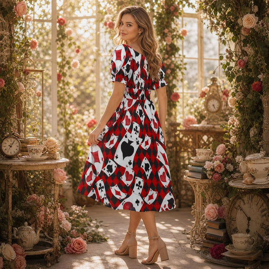 Card suit party dress, Alice inspired puff sleeve, queen of hearts mini dress