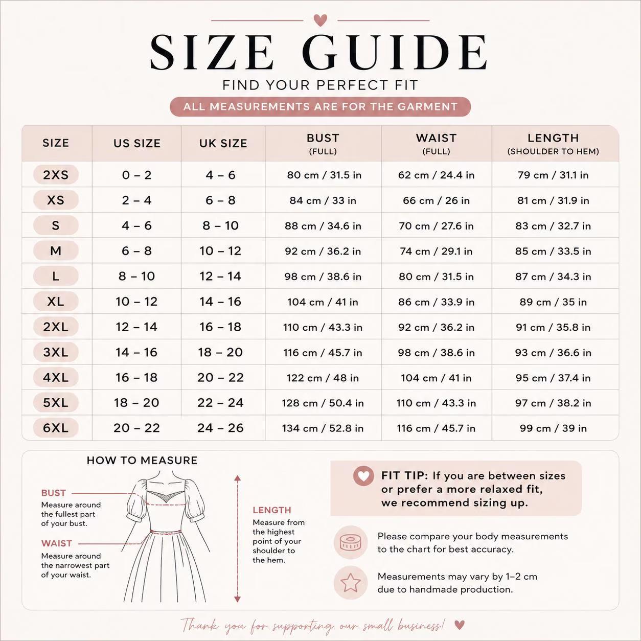 the size guide for a women's dress