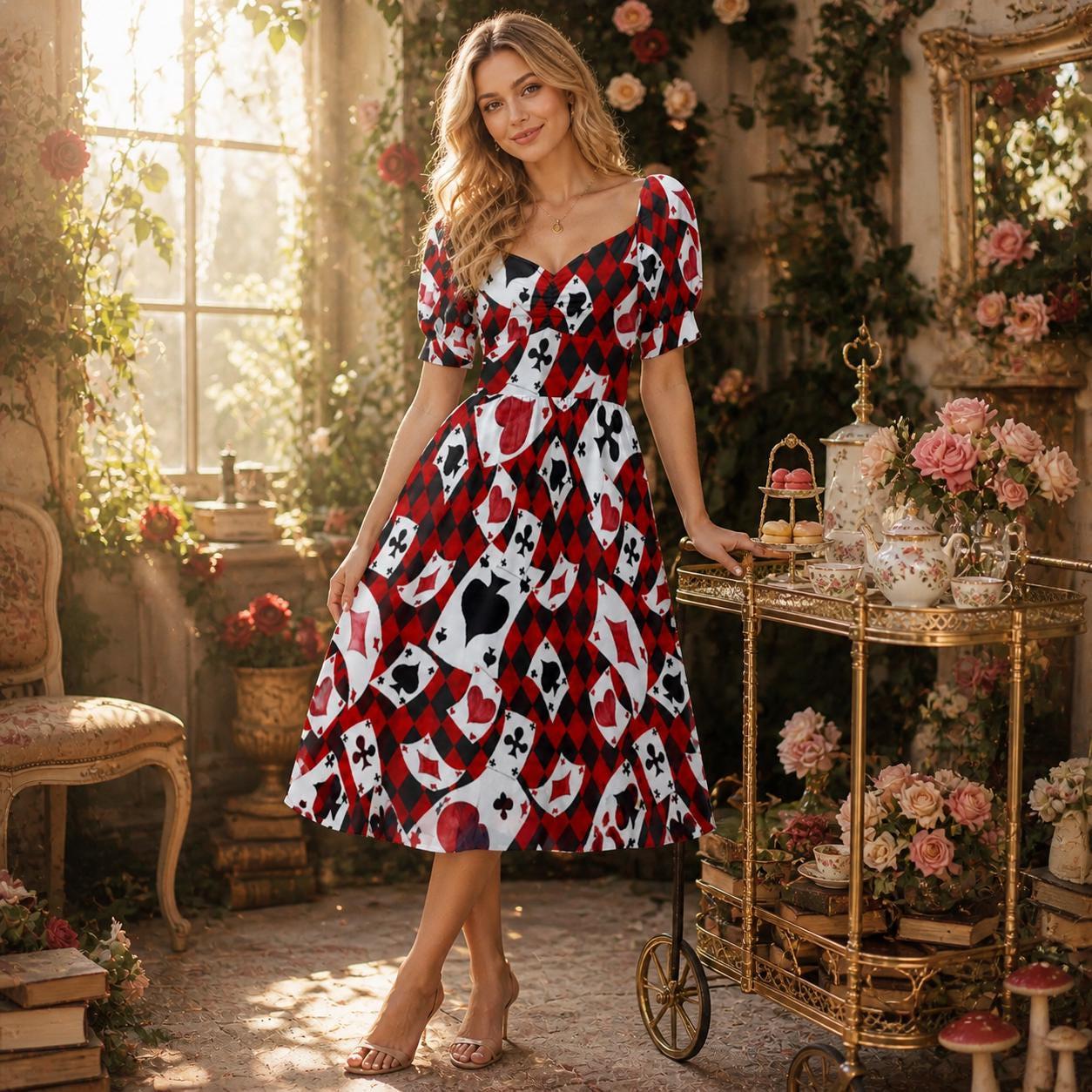 Card suit party dress, Alice inspired puff sleeve, queen of hearts mini dress