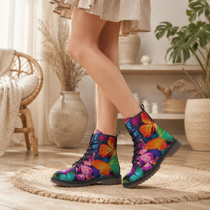 Butterfly Combat Boots, Rainbow Lace Up Ankle Boots, Colorful Statement Shoes for Women