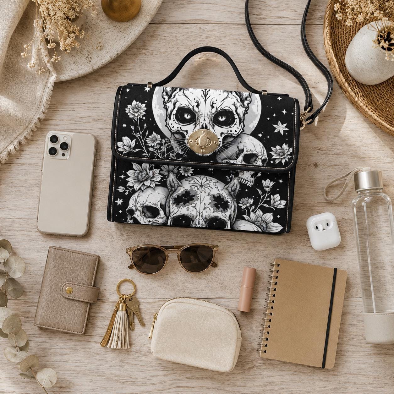 Gothic Skull Purse, Celestial Witch Satchel, Black White Top Handle Handbag