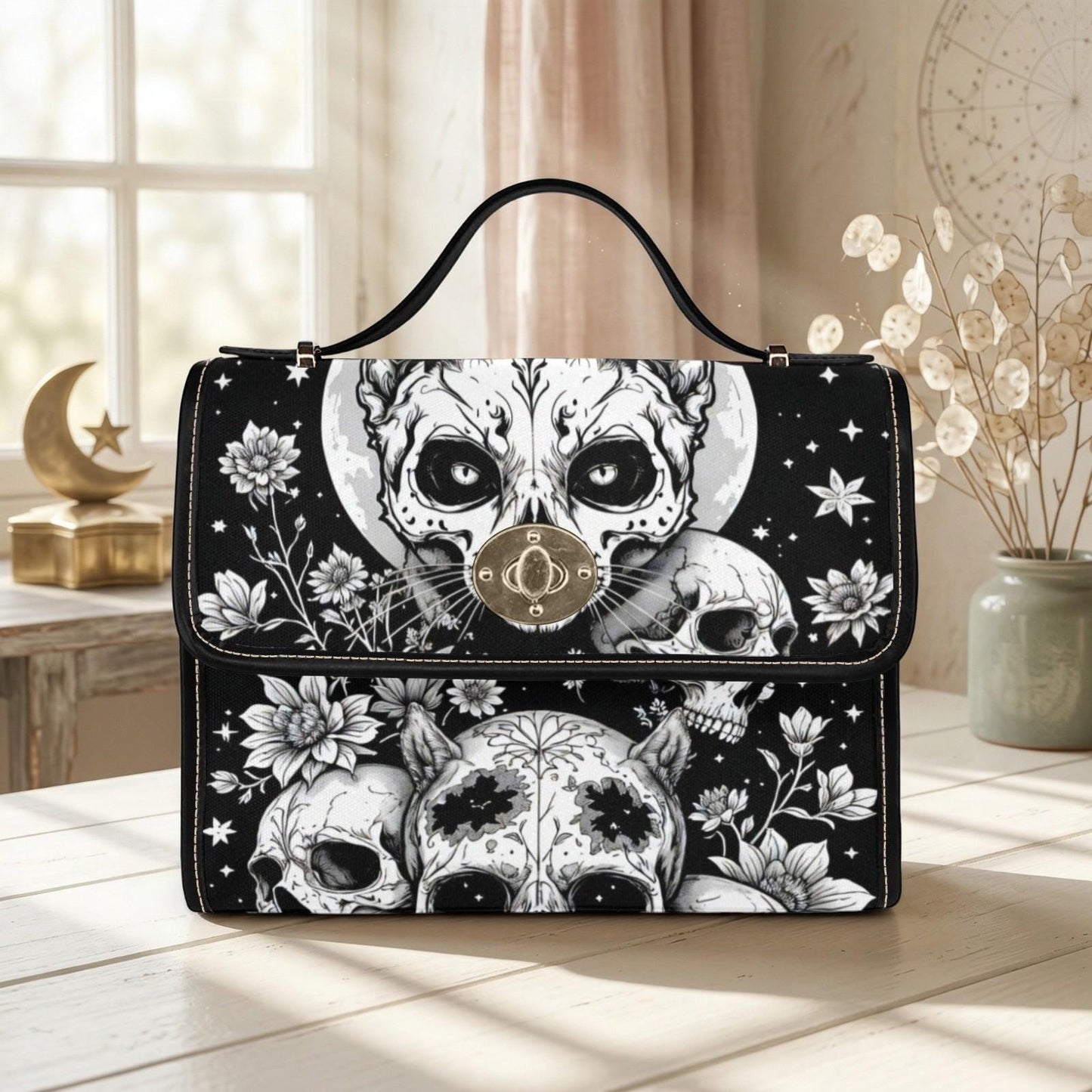 Gothic Skull Purse, Celestial Witch Satchel, Black White Top Handle Handbag