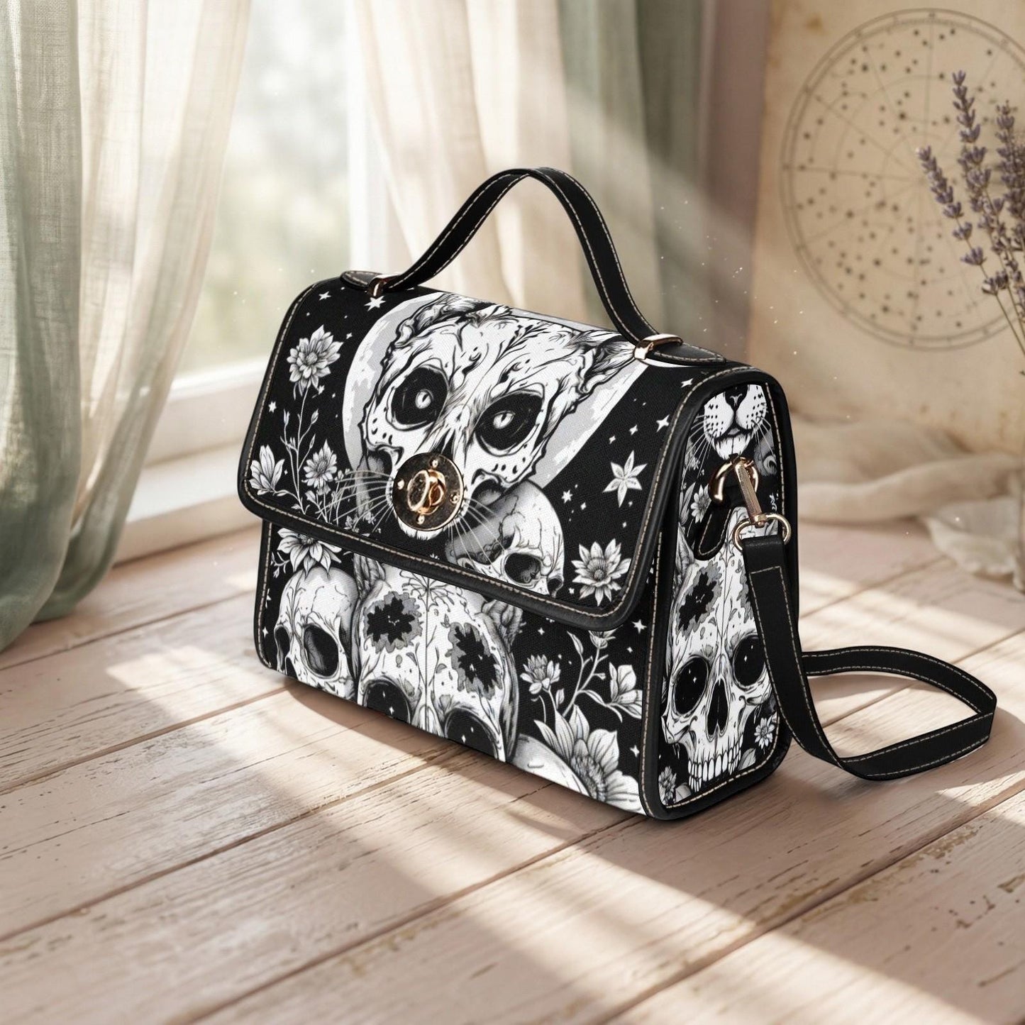 Gothic Skull Purse, Celestial Witch Satchel, Black White Top Handle Handbag