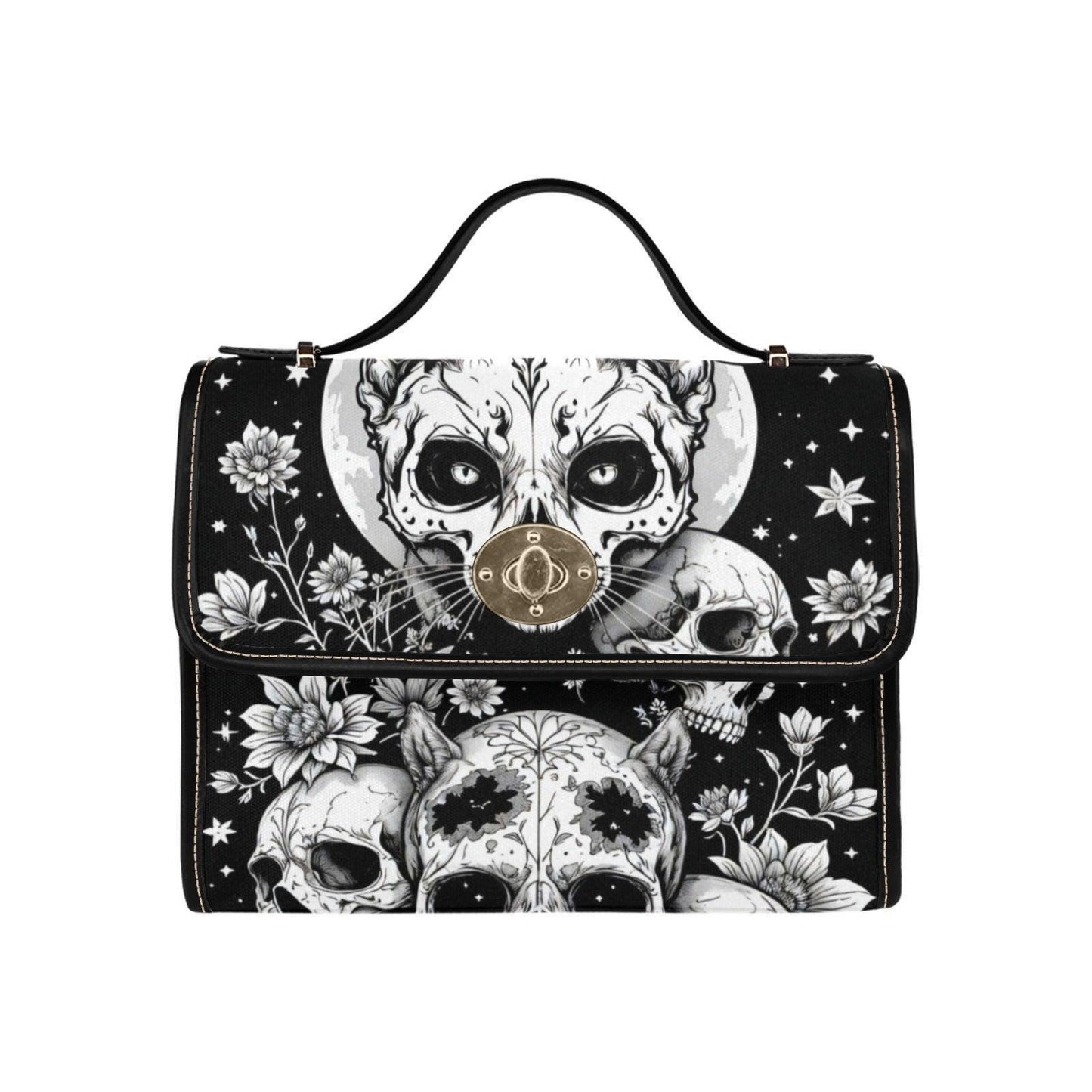 Gothic Skull Purse, Celestial Witch Satchel, Black White Top Handle Handbag