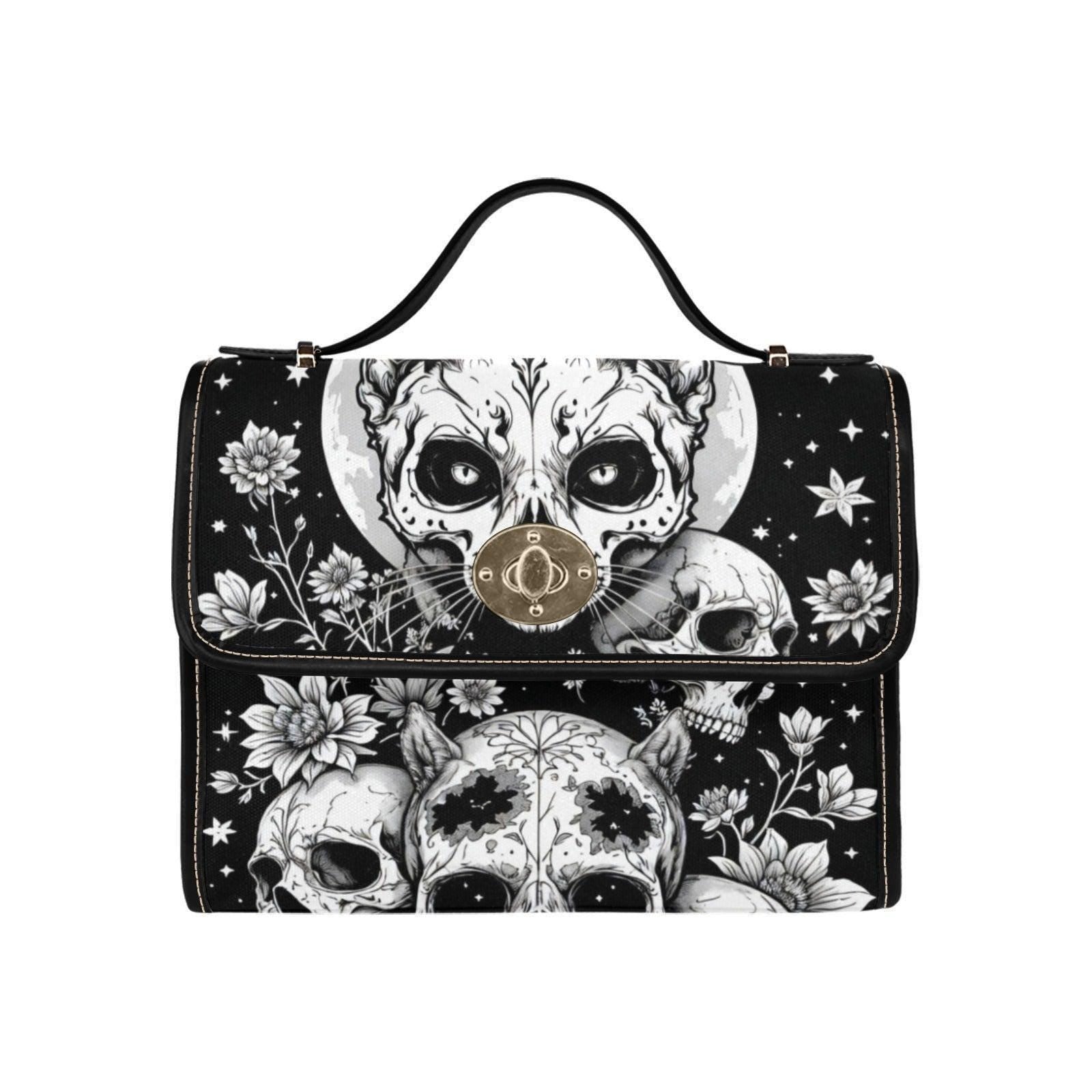 Gothic Skull Purse, Celestial Witch Satchel, Black White Top Handle Handbag