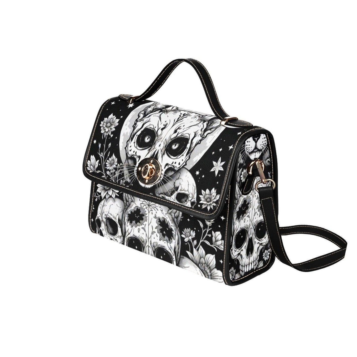 Gothic Skull Purse, Celestial Witch Satchel, Black White Top Handle Handbag
