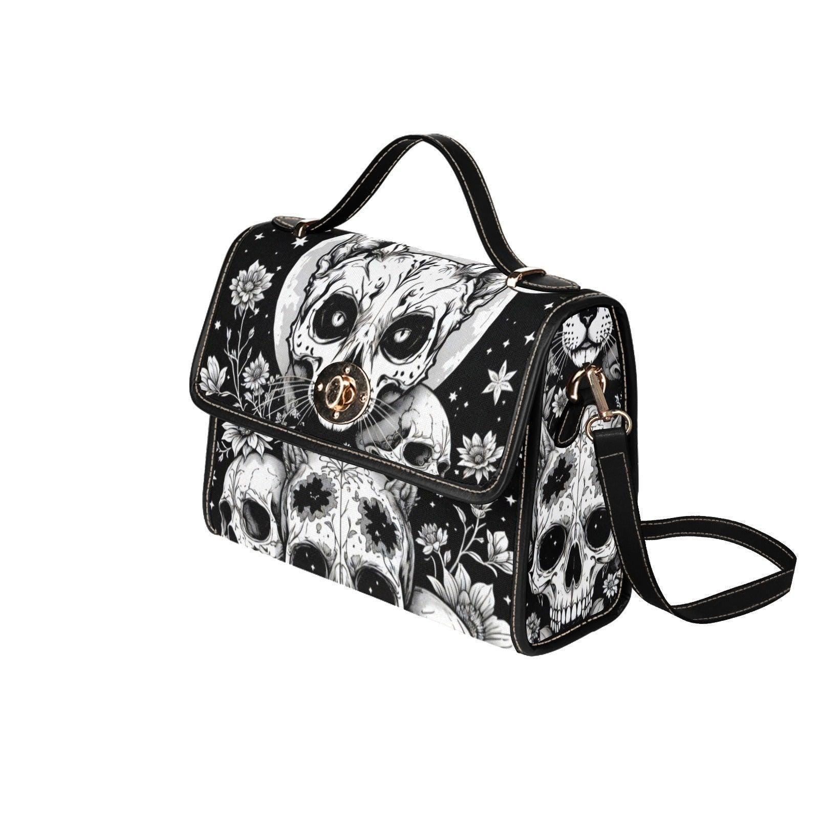 Gothic Skull Purse, Celestial Witch Satchel, Black White Top Handle Handbag