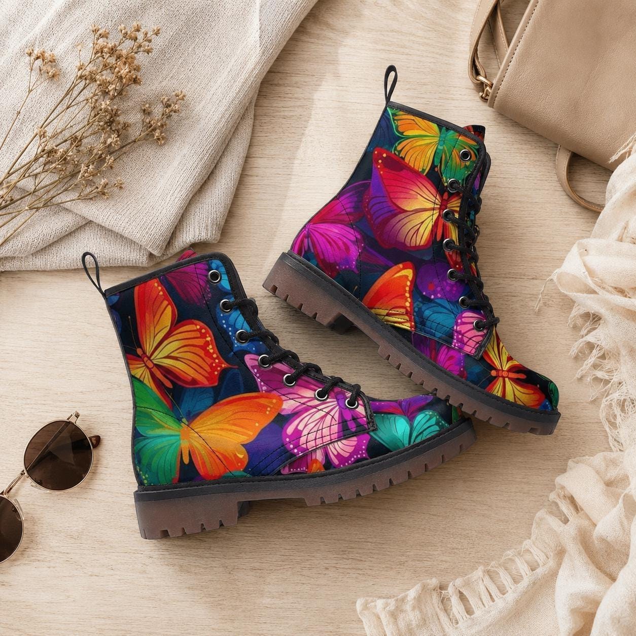 Butterfly Combat Boots, Rainbow Lace Up Ankle Boots, Colorful Statement Shoes for Women