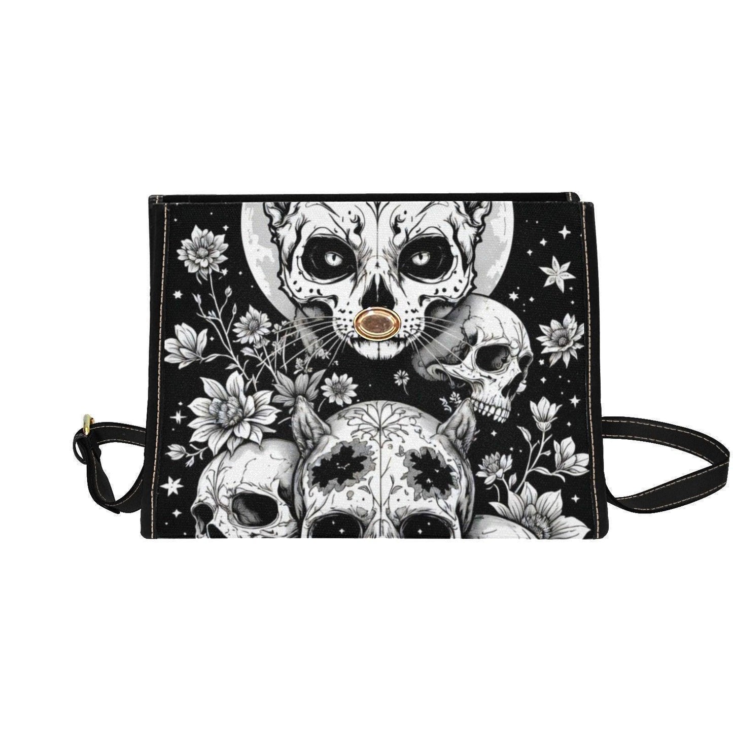 Gothic Skull Purse, Celestial Witch Satchel, Black White Top Handle Handbag