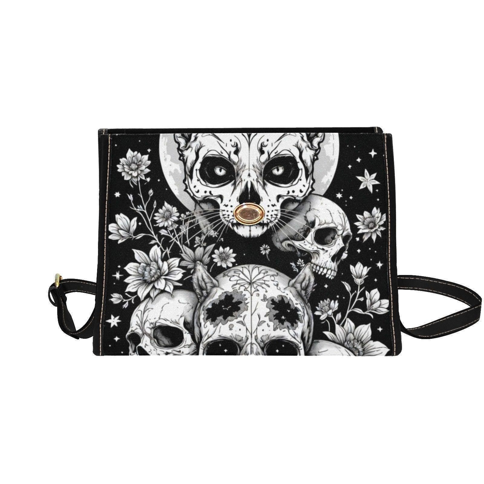 Gothic Skull Purse, Celestial Witch Satchel, Black White Top Handle Handbag