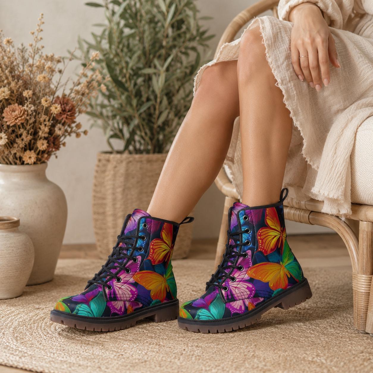 Butterfly Combat Boots, Rainbow Lace Up Ankle Boots, Colorful Statement Shoes for Women