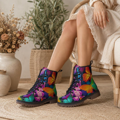 Butterfly Combat Boots, Rainbow Lace Up Ankle Boots, Colorful Statement Shoes for Women
