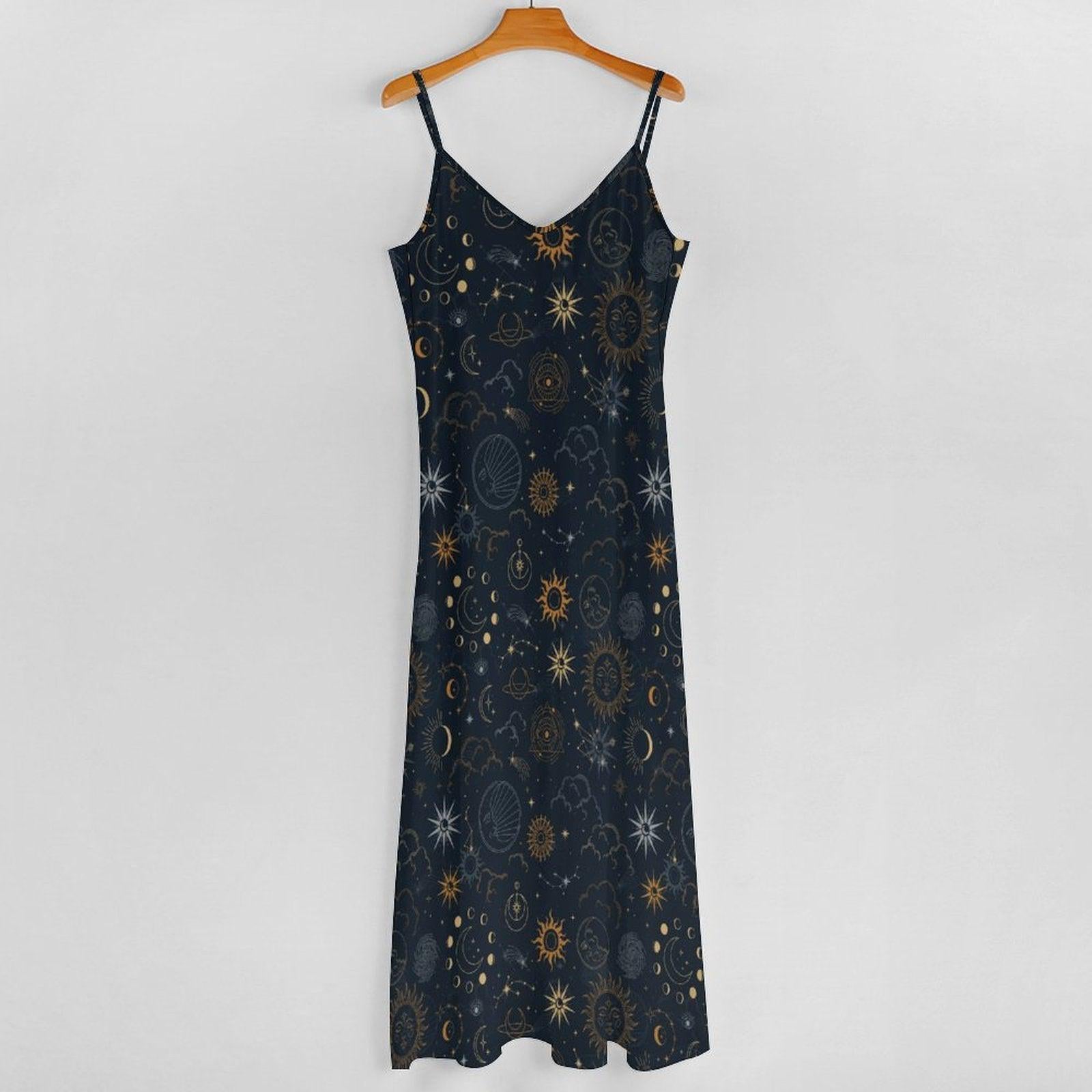 Celestial Sun Moon Maxi Dress, Boho Galaxy Festival Gown, Starry Cottagecore Evening Dress