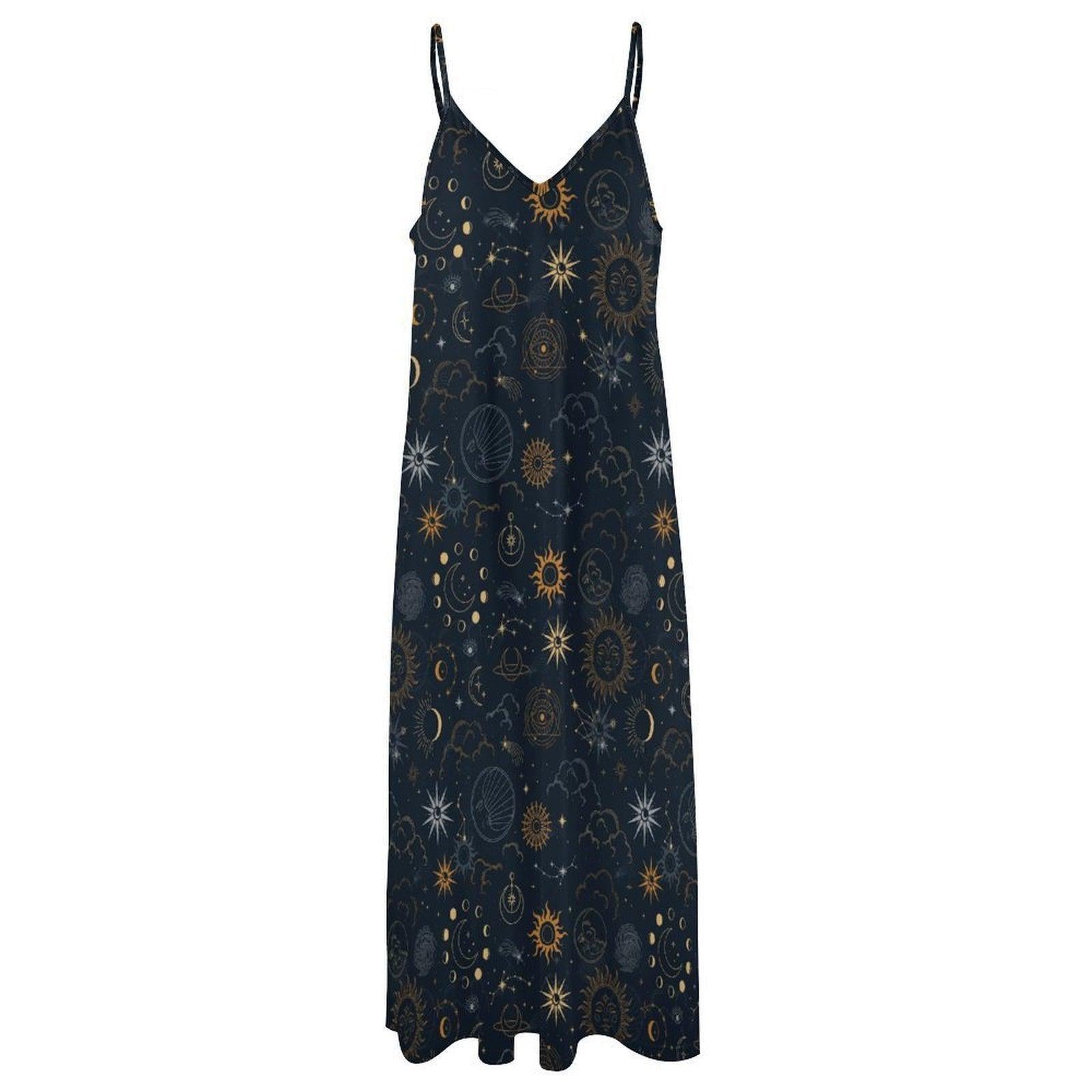 Celestial Sun Moon Maxi Dress, Boho Galaxy Festival Gown, Starry Cottagecore Evening Dress