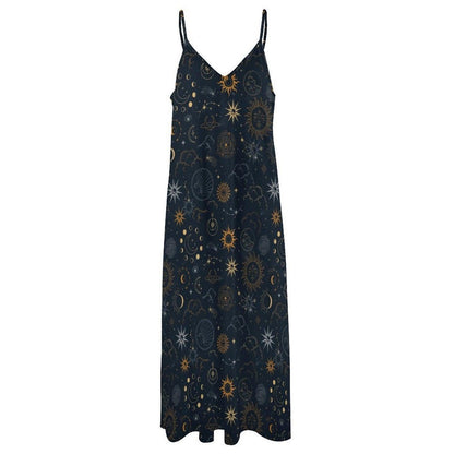 Celestial Sun Moon Maxi Dress, Boho Galaxy Festival Gown, Starry Cottagecore Evening Dress