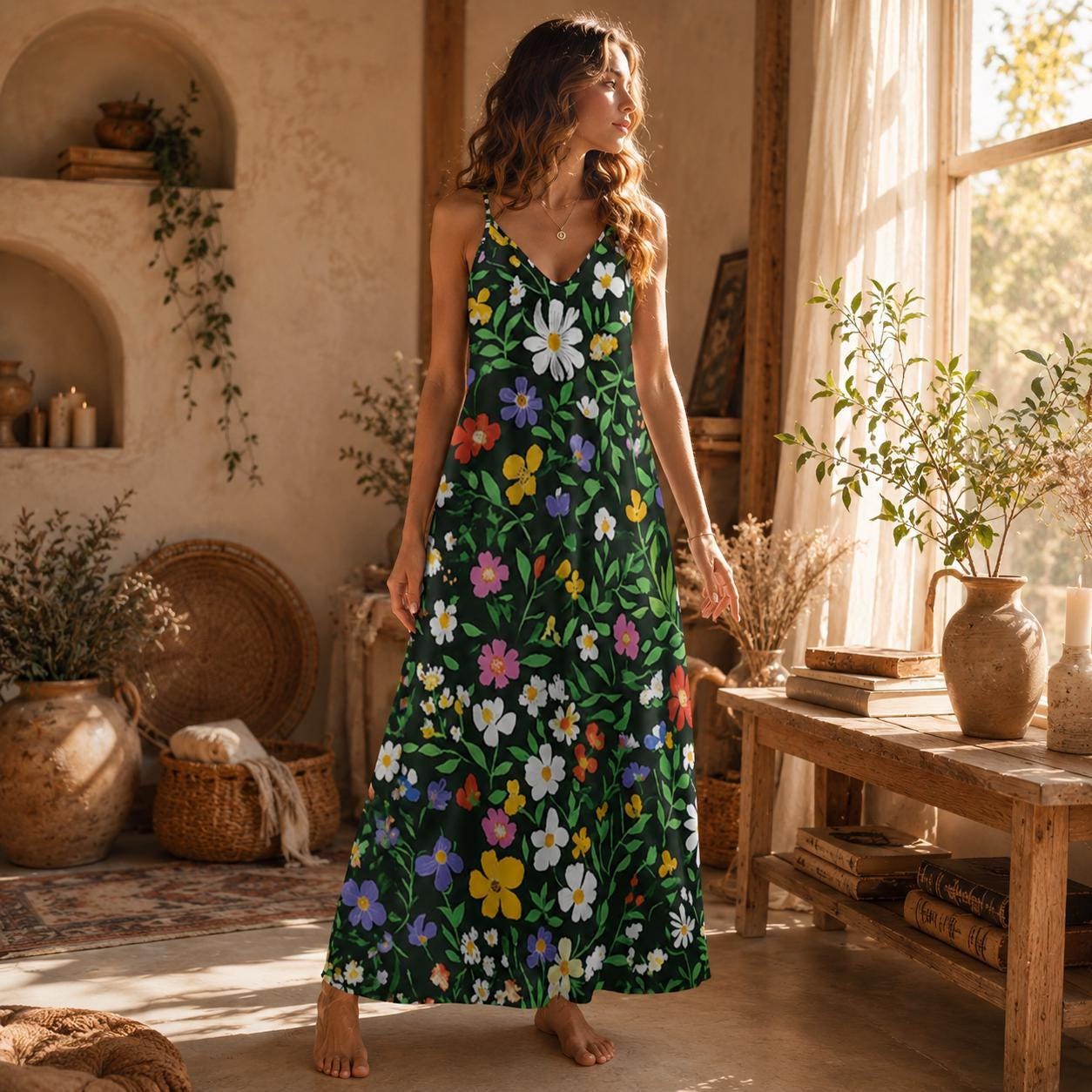 Wildflower Garden Maxi Dress, Green Floral Cottagecore Sundress, Summer Picnic Outfit