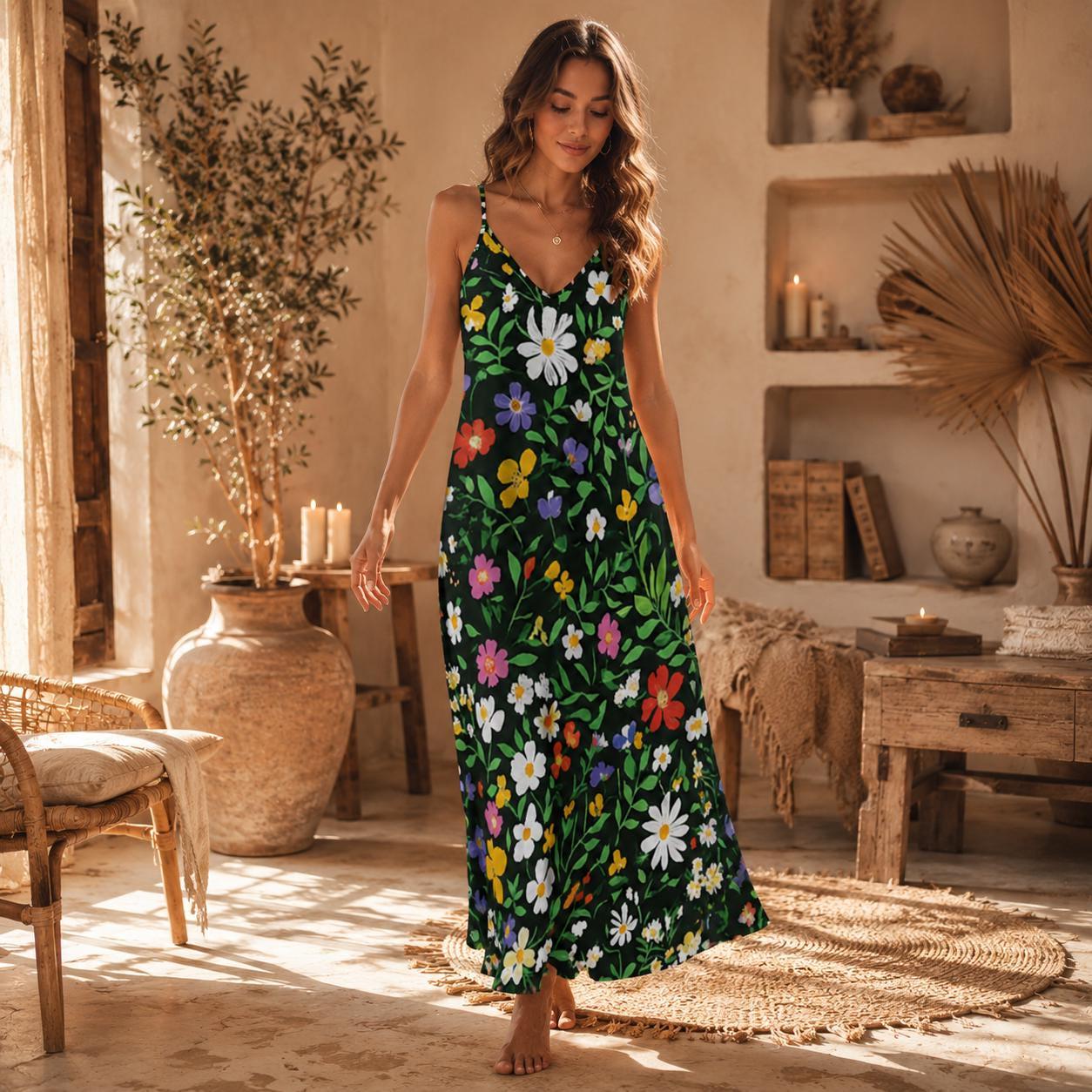 Wildflower Garden Maxi Dress, Green Floral Cottagecore Sundress, Summer Picnic Outfit