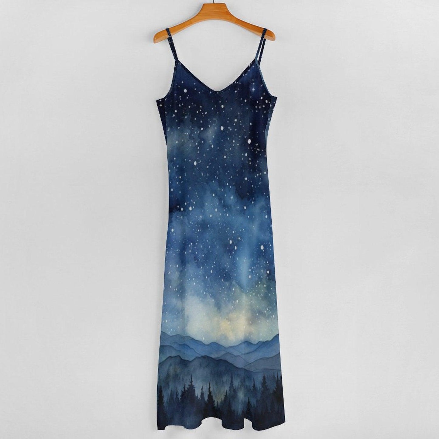 Starry Night Mountain Dress, Forest Sky Print Maxi, Cottagecore Aesthetic Clothing, Nature Scene Summer Dress, Witchy Boho Sundress