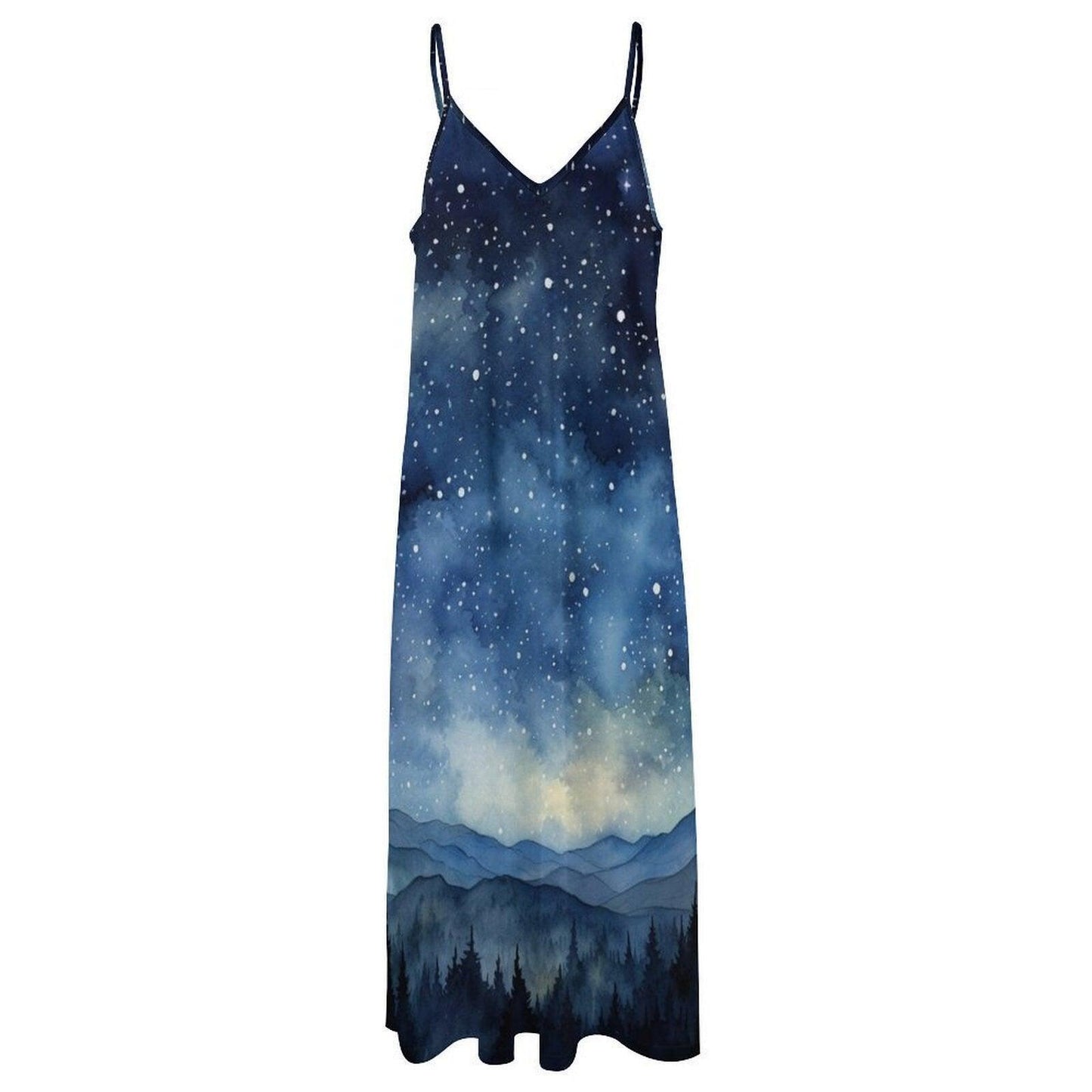Starry Night Mountain Dress, Forest Sky Print Maxi, Cottagecore Aesthetic Clothing, Nature Scene Summer Dress, Witchy Boho Sundress
