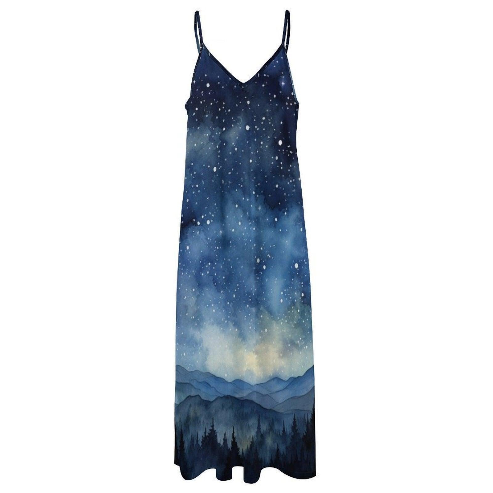 Starry Night Mountain Dress, Forest Sky Print Maxi, Cottagecore Aesthetic Clothing, Nature Scene Summer Dress, Witchy Boho Sundress