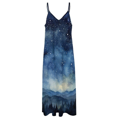 Starry Night Mountain Maxi Dress, Forest Sky Print, Boho Sundress