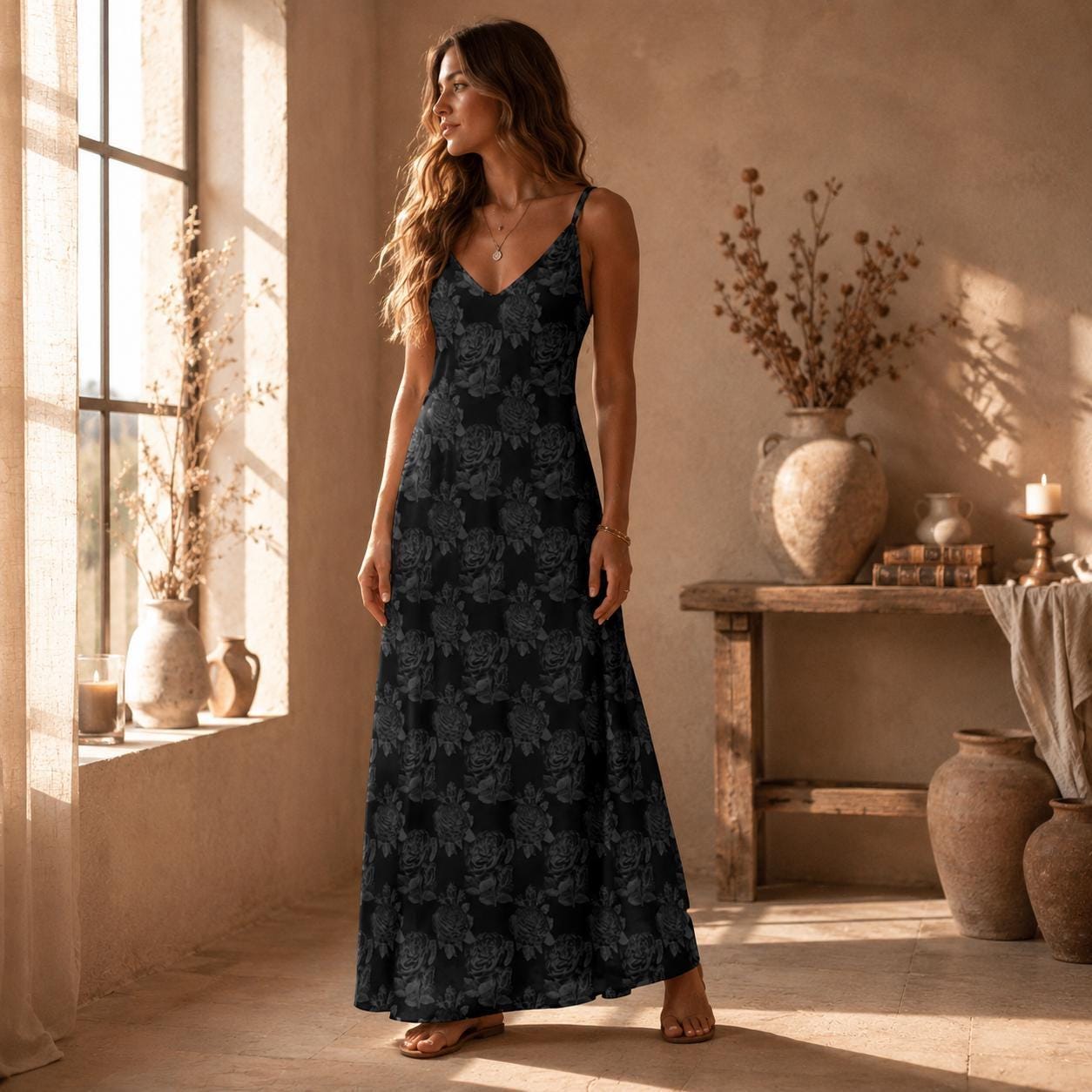 Black Floral Maxi Dress Gothic Rose Slip Dress Dark Romantic Outfit