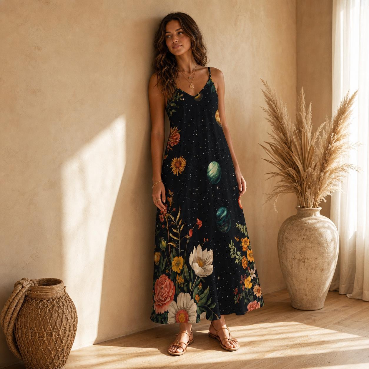 Galaxy Floral Maxi Dress, Botanical Planets Sundress, Celestial Stargazer Gown