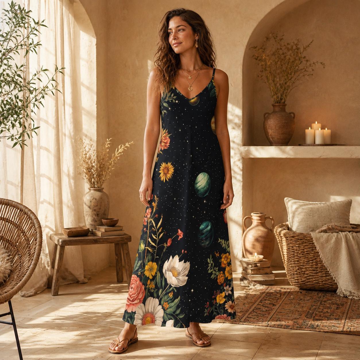 Galaxy Floral Maxi Dress, Botanical Planets Sundress, Celestial Stargazer Gown
