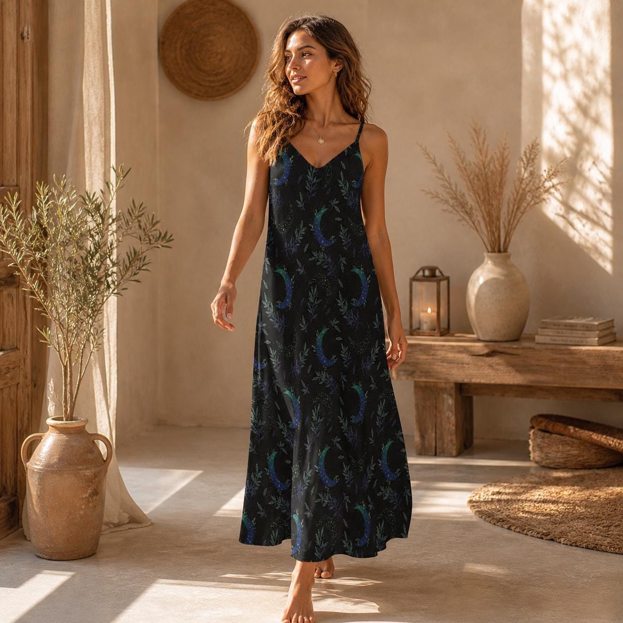 Celestial Tarot Moon Maxi Dress Witchy Cottagecore A-Line