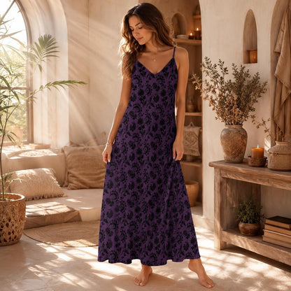 Plum Damask Maxi Dress, Dark Romantic Slip Sundress, Black Flocked Evening Outfit
